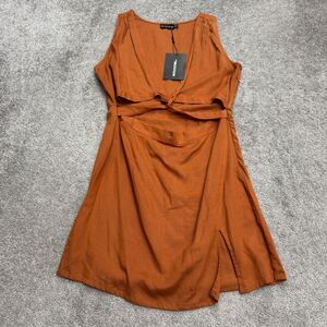 PrettyLittleThing Linen Look Twist Cut Out Plunging Mini Dress Womens 8 Rust NWT